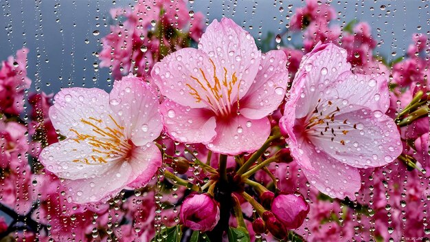 A pink flower in closeup with water droplets on its petals and a clear center