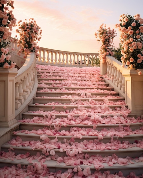 Pink Flower Covered Staircase in Rose Petals