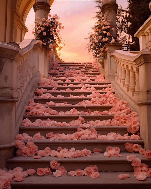 Pink Flower Covered Staircase in Rose Petals