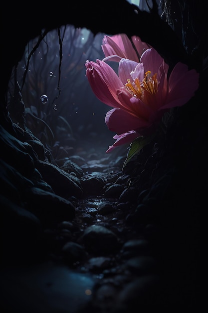 A pink flower in the dark