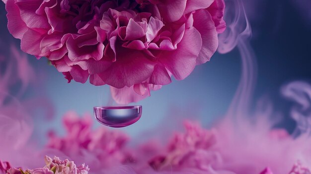 Photo pink flower droplet suspended in smoke