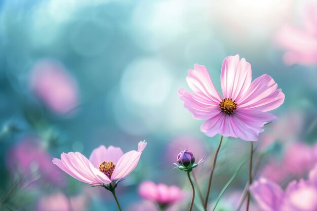 Pink Flower Field Beautiful Autumn Cosmos Blooming in Garden