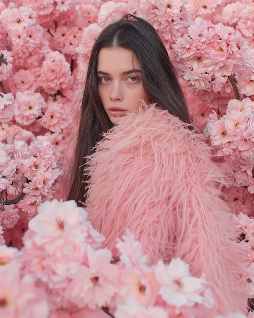 Pink Flower Field with a Model in a Fur Coat