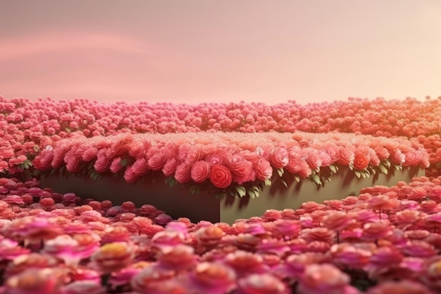 Pink flower field with a mysterious black box in the center Generative AI