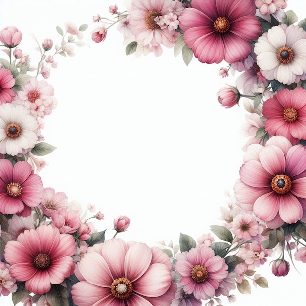 Pink flower frame background with watercolor