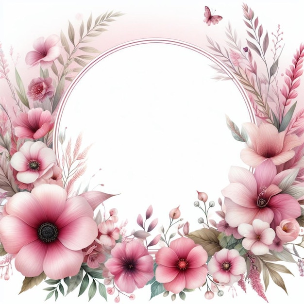 Pink flower frame background with watercolor