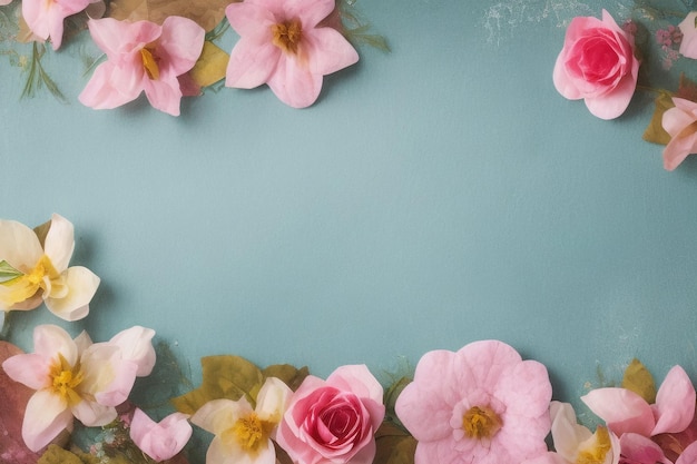 A pink flower frame with a gold ribbon and a pink ribbon.