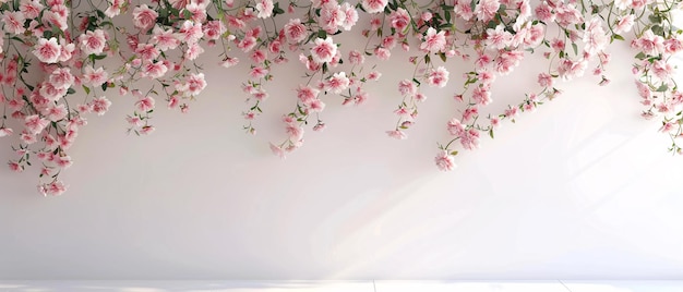 Photo pink flower garland hanging over white wall