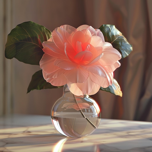 a pink flower in a glass vase with the word quot e quot on it