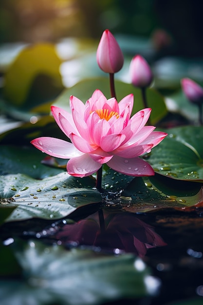 a pink flower on a green leaf