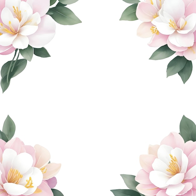 Pink flower and green leaves frame background white background