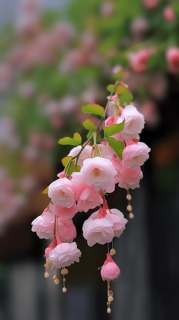 A pink flower hanging from a vine with the leaves of the plant in the background.