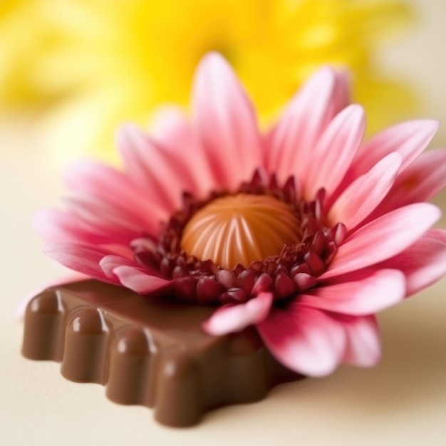 A pink flower is next to a chocolate bar with a pink flower.