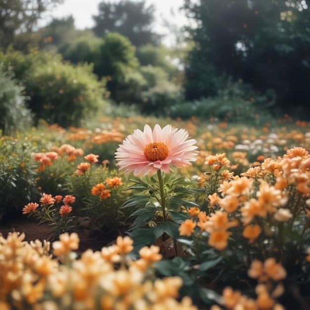 a pink flower is in a garden of flowers