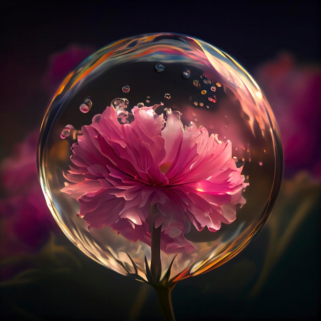 A pink flower is inside a bubble with the word flower on it.