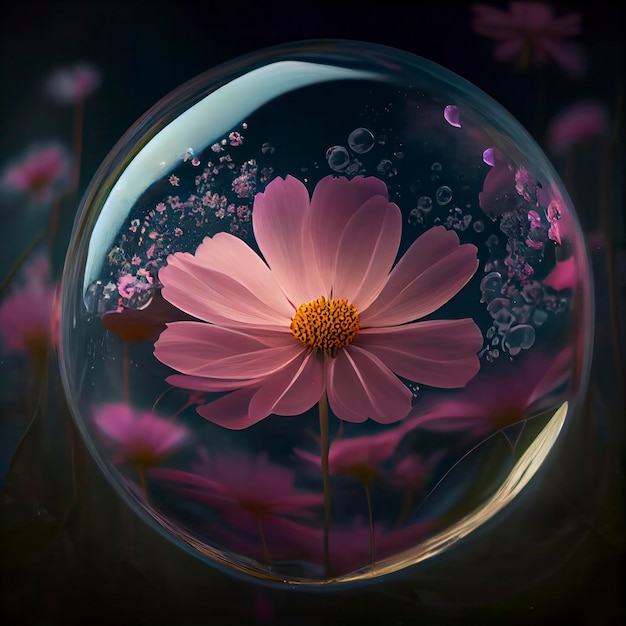 A pink flower is inside a bubble with the word " pink " on it.