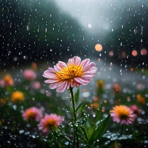 a pink flower is in the rain and it is raining