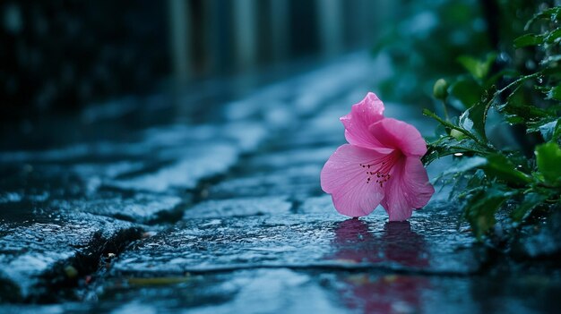 Photo a pink flower is in the rain with water on the ground