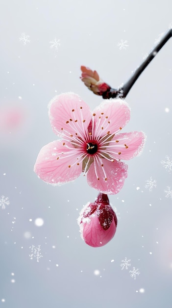 a pink flower is in the snow with snowflakes on it