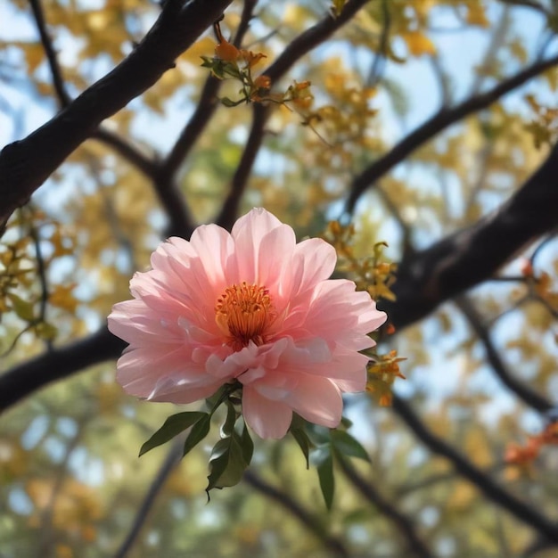 a pink flower is on a tree branch with the sky in the background