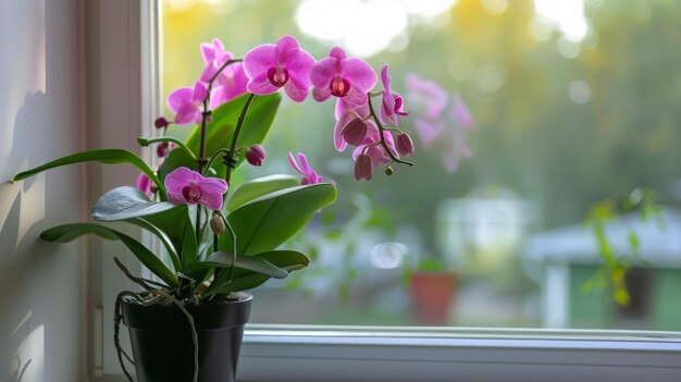 Pink flower and leaves of the phalaenopsis orchid in a flower pot in the house generative ai