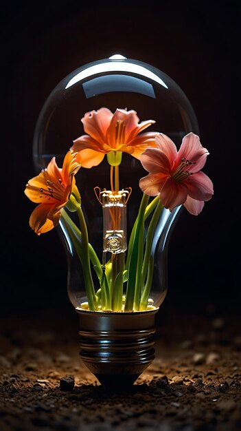 Photo pink flower in light bulb creative nature photography