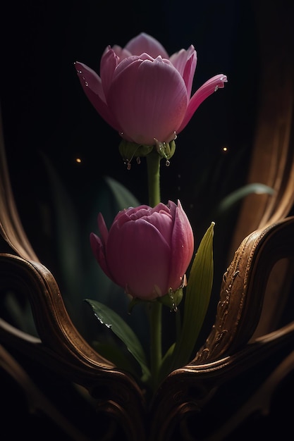 A pink flower in a mirror