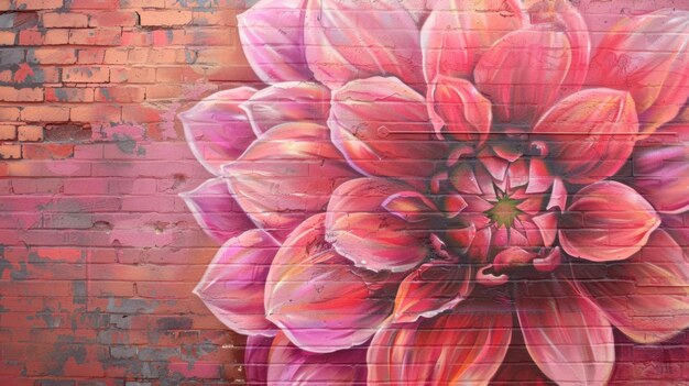 Photo pink flower mural on brick wall