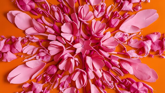 Pink flower pattern on orange background flat lay top view