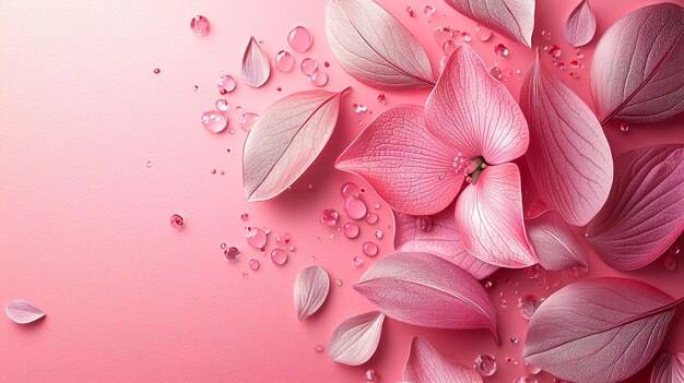 Photo pink flower petals and leaves with water droplets on a pink background