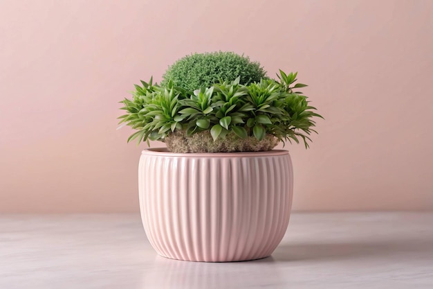 A pink flower pot with a green plant in it