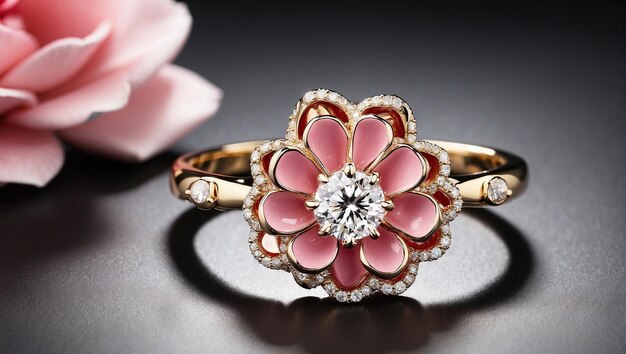 A pink flower ring with a diamond