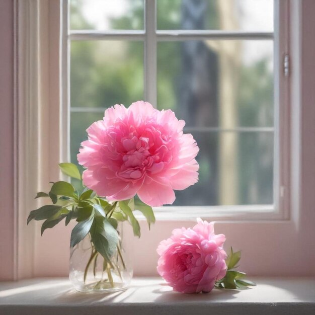 a pink flower sits in front of a window with a white frame