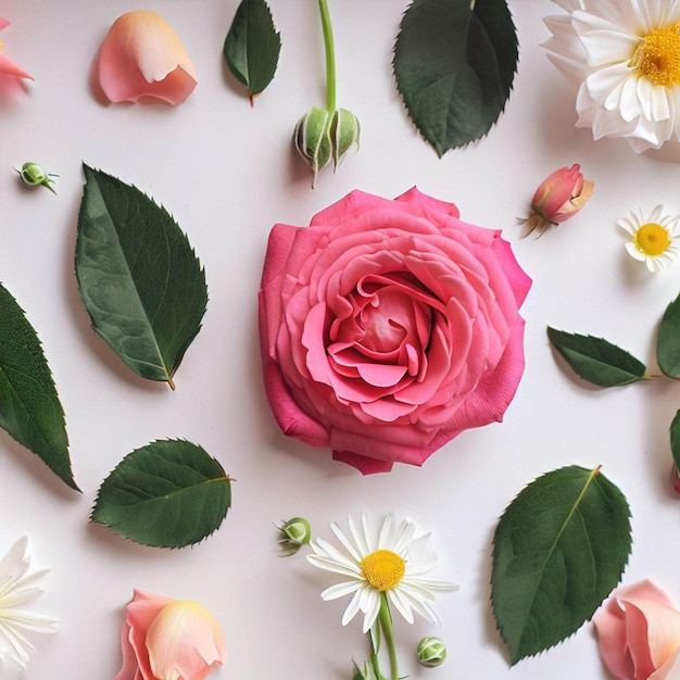 A pink flower sits on a table surrounded by flowers.