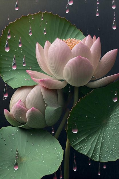 Pink flower sitting on top of a green leaf generative ai