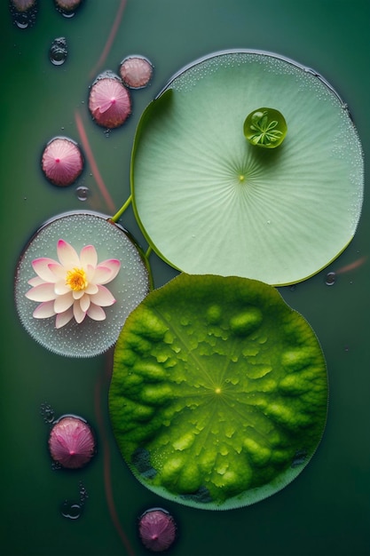 Pink flower sitting on top of a green leaf generative ai