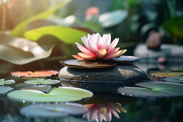 a pink flower sitting on top of a rock in a pond