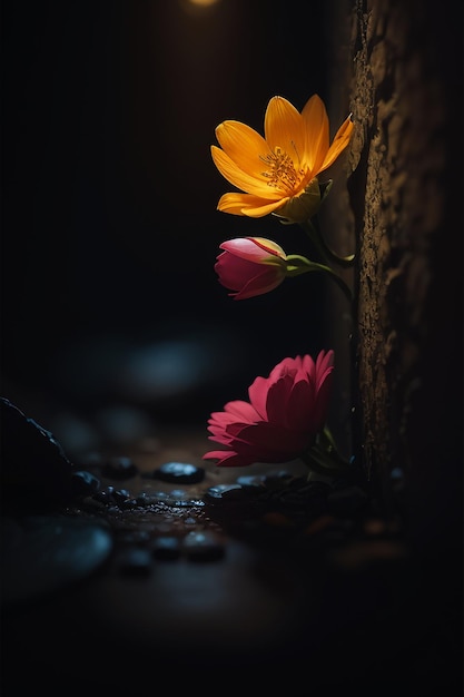 A pink flower stands in a dark room.