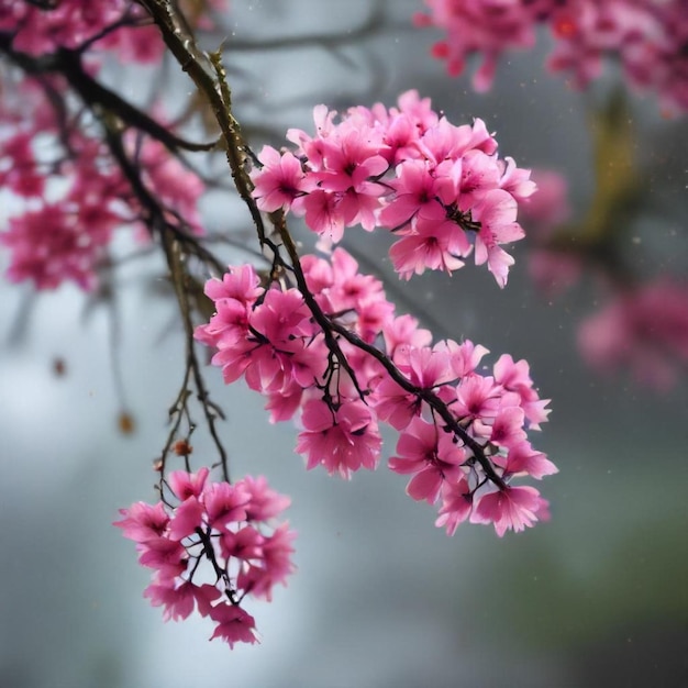 a pink flower that is blooming in the rain