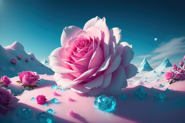 A pink flower with a blue background and the word love on it.