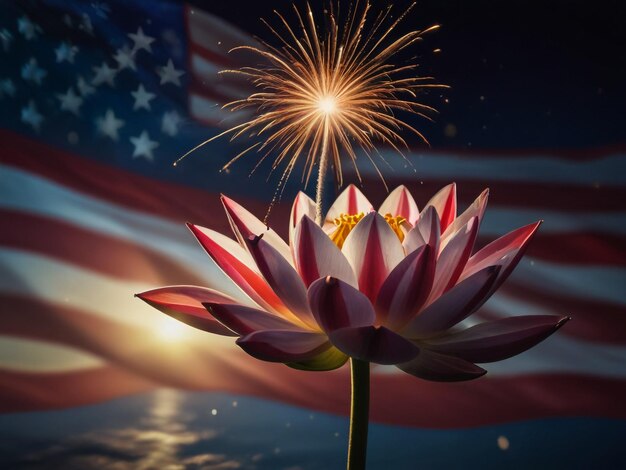 a pink flower with a flag and a flag with fireworks in the background