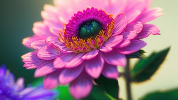 A pink flower with a green center