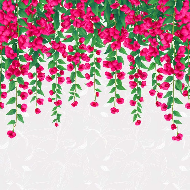 a pink flower with green leaves and pink flowers on a white background