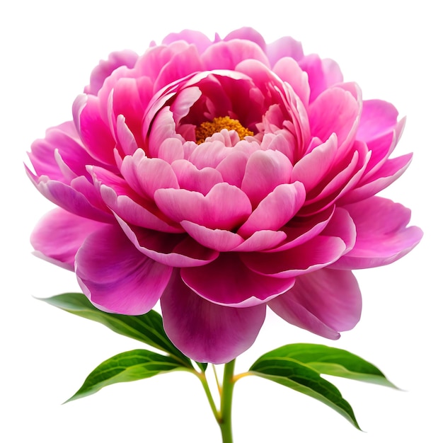 a pink flower with green leaves and a white background