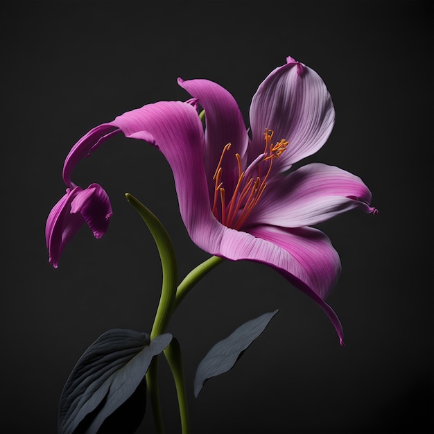 A pink flower with a green stem and a yellow stamen.