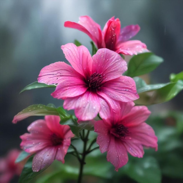 a pink flower with pink petals and green leaves