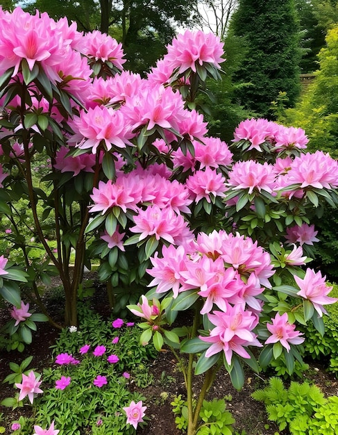 Photo a pink flower with purple flowers in a garden