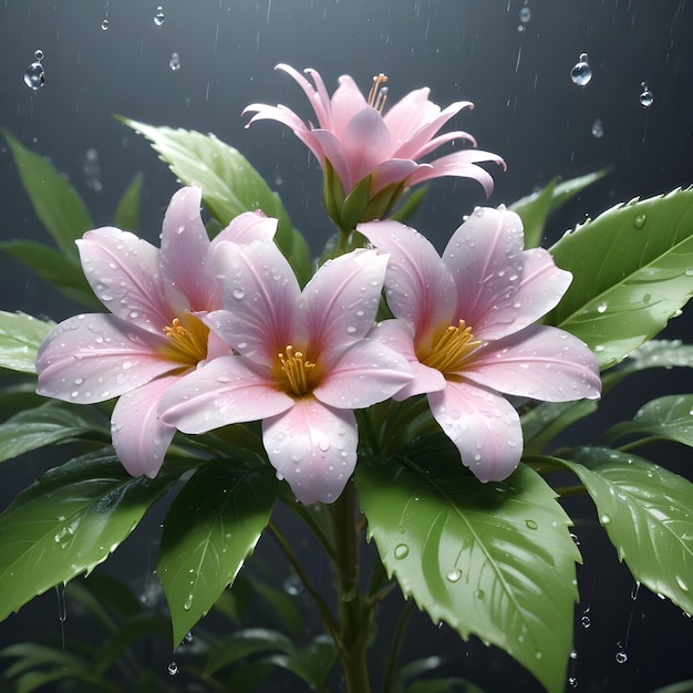 a pink flower with rain drops on it and the rain drops on it