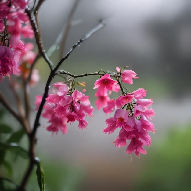 a pink flower with rain drops on it