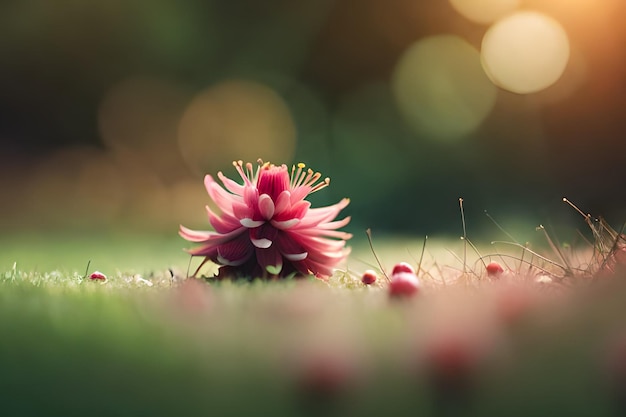 A pink flower with a red flower in the foreground